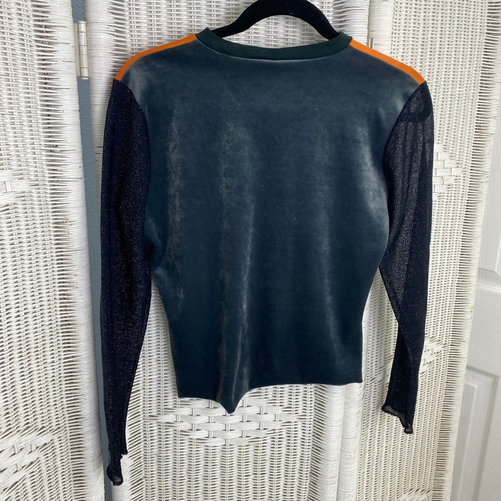 Scoop! Y2K Geisha Print Top Black Sheer Sleeve Orange Graphic Retro Novelty M - Picture 3 of 11